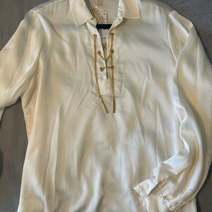 Michael Kors Ivory Long-Sleeve Knit Blouse with Gold Lace-Up Detail